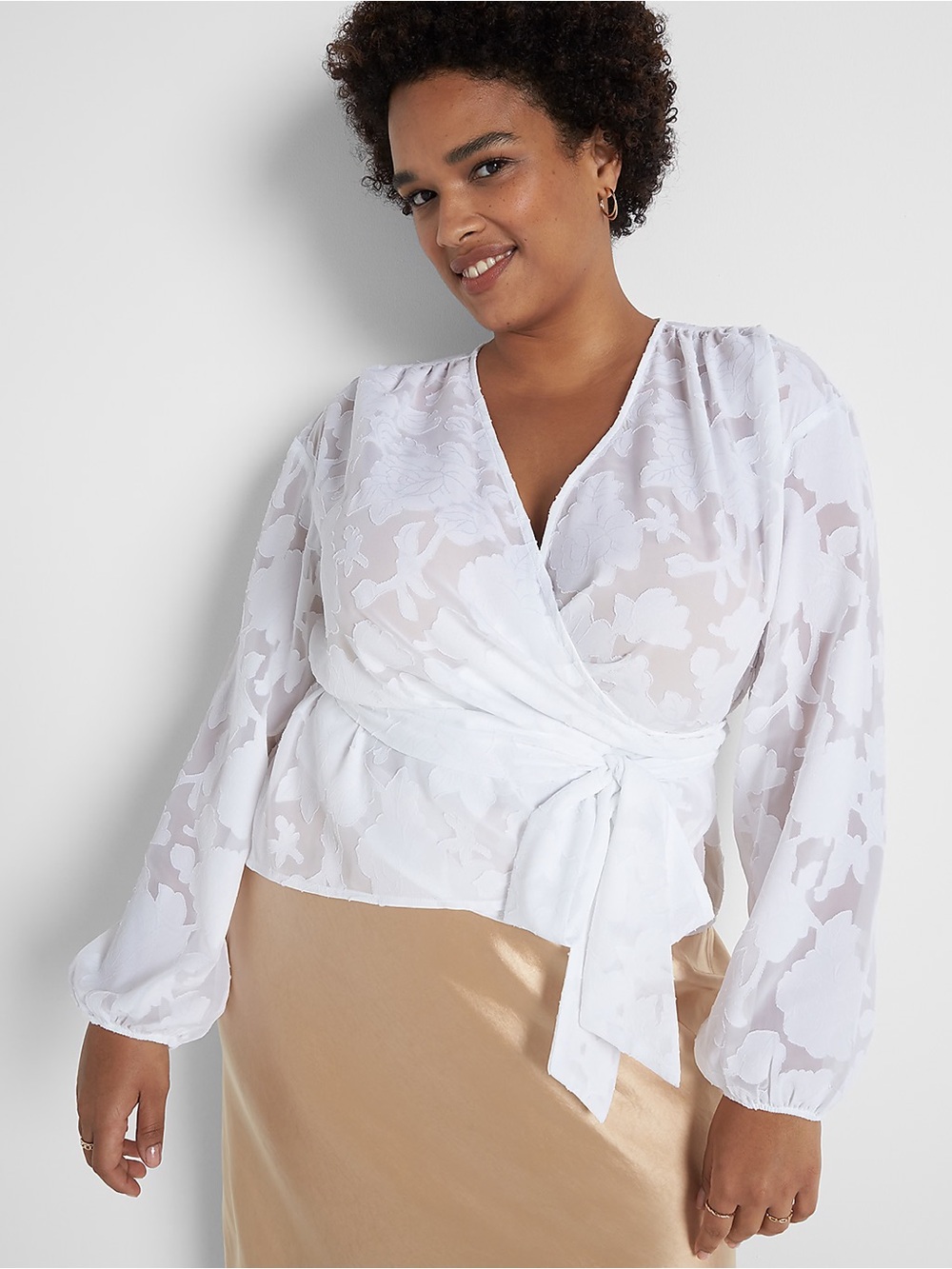 Lane Bryant White Floral Wrap Blouse with Tie Waist